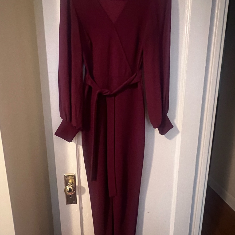 Wrap-Front Long Sleeve Jumpsuit in Deep Burgundy